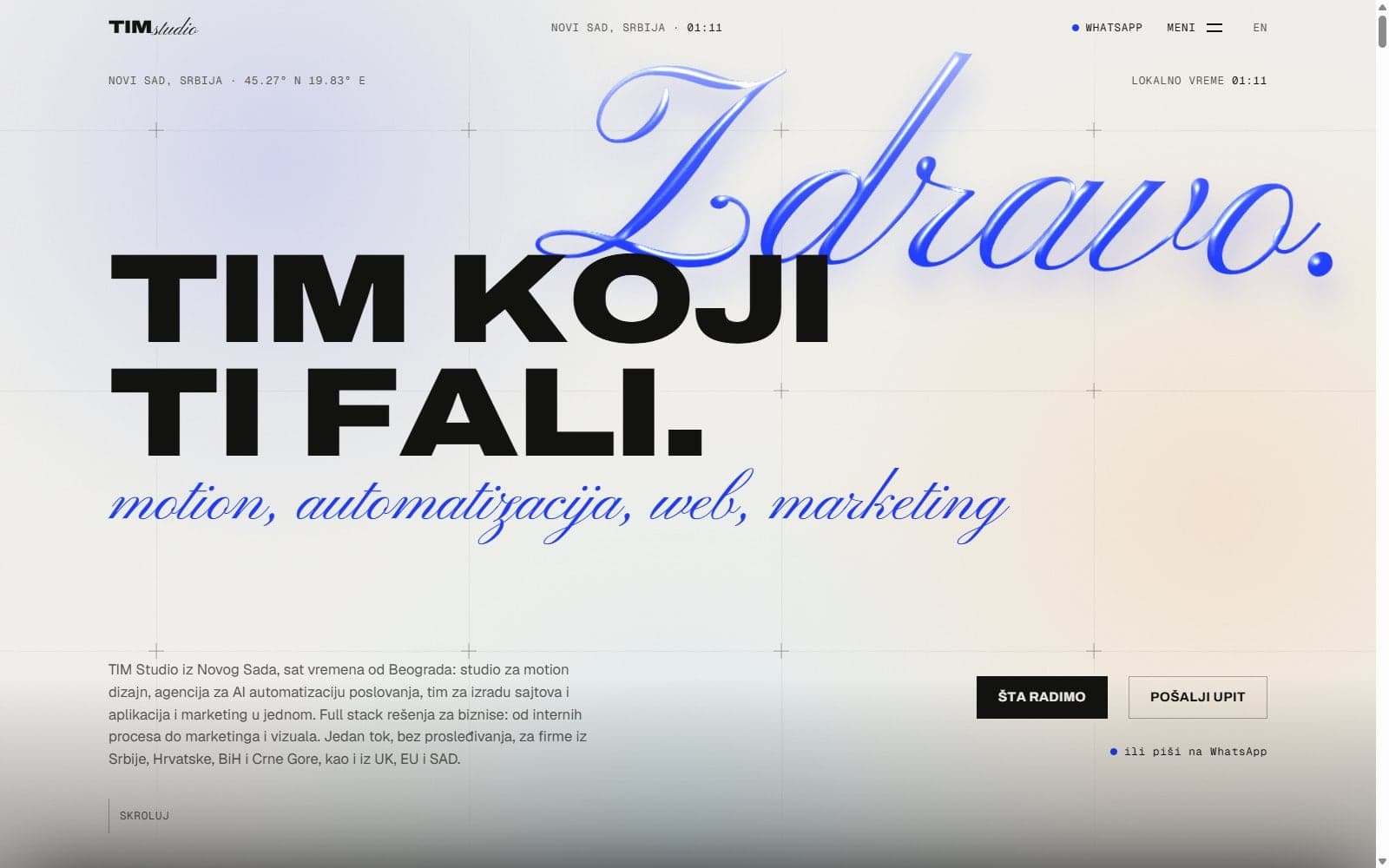 A capture of the TIM Studio home page: a glossy blue Zdravo. above the black words Tim koji ti fali.