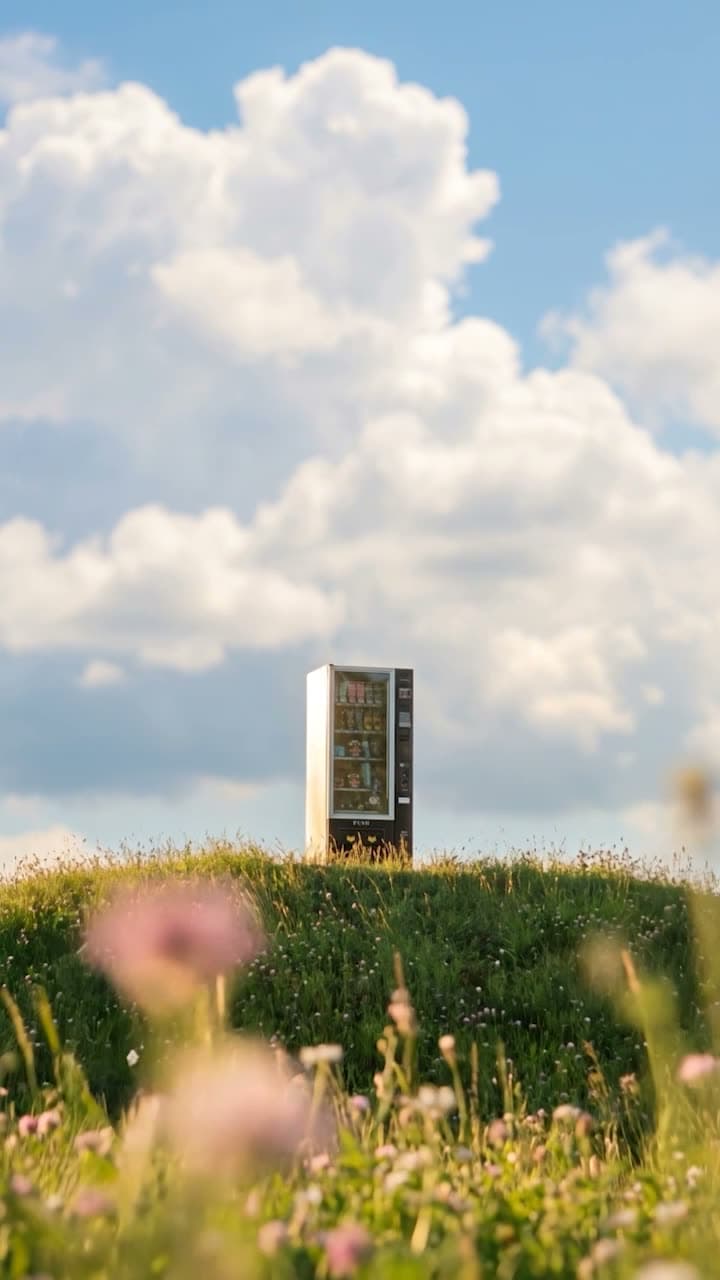 A vertical AI ad in several scenes on the same green meadow under summer clouds: a vending machine, an off-roader in the grass, the camera moving in through the flowers.